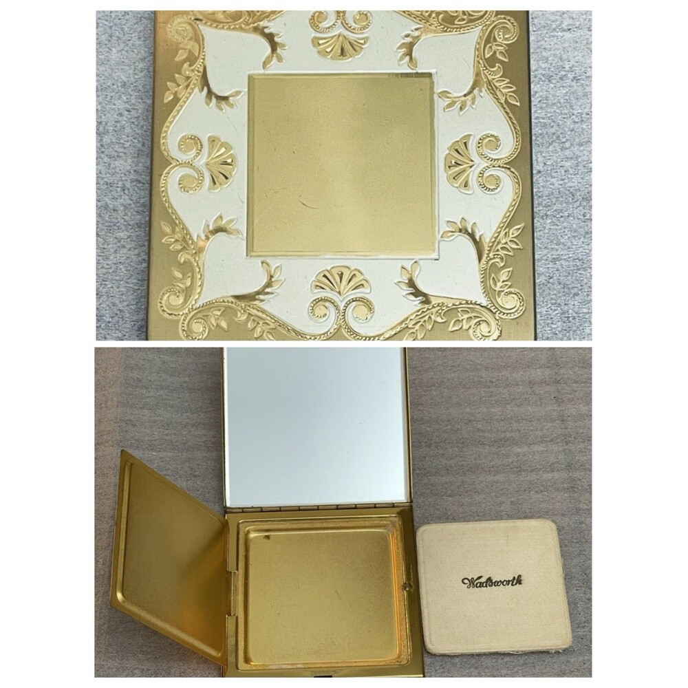 VTG Wadsworth Square Powder Compact Gold Tone Filigree Design Original Puff
